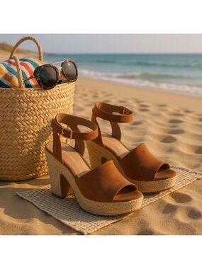 Sun & Stone Micro Suede Cognac Brown Retro Espadrille Platform Sandals 10 M